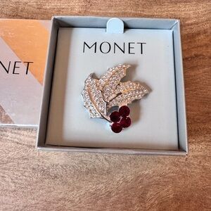 Vintage Monet Brooch Holly Berry Clear Rhinestones Pin Silver Tone NIB